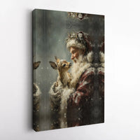 Vintage Christmas Painting Canvas Print, Santa Claus with Baby Deer Canvas, Holiday Deer Canvas Art, Winter Seasonal Wall Decor Present