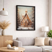 Winter Forest Holiday Painting, Gingerbread Church Christmas Canvas Wall Art, Festive Christmas Village Decor Digital Download