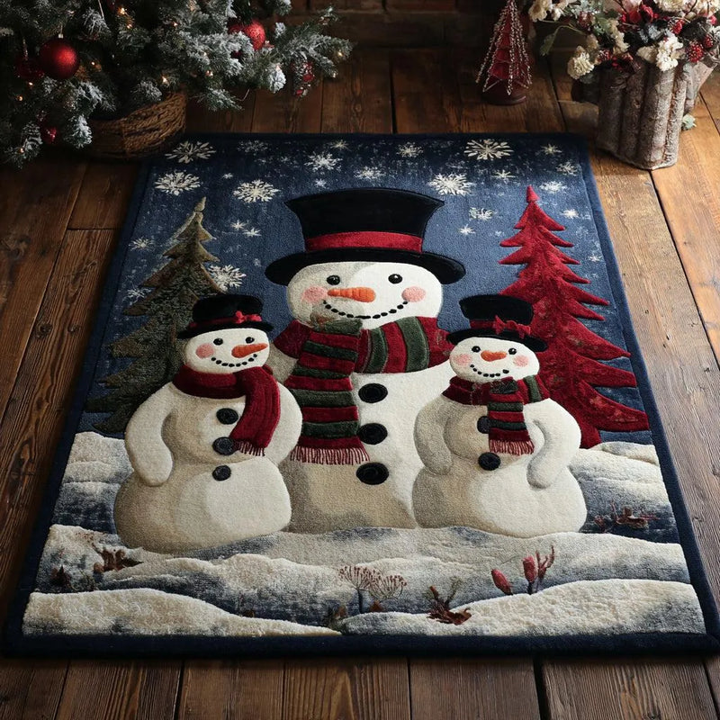 Winter Holiday Scene Floor Rug, Snowman Family Area Rug, Evergreen Tree Snowman Carpet, Christmas Living Room Rug, Seasonal Home Decor Present