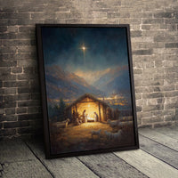 Holy Night Manger Silhouette Canvas Painting, Star of Bethlehem Nativity Scene Wall Art, Christmas Faith Poster, Printable Digital Download