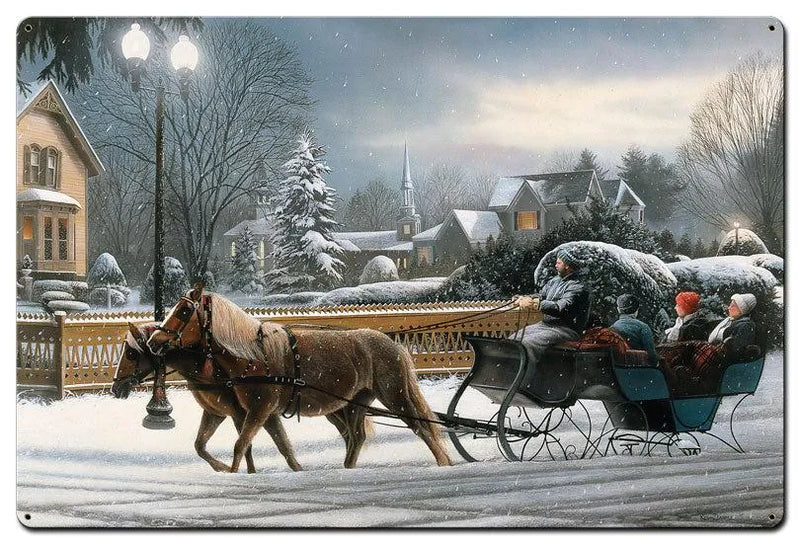 Snow Village Holiday Wall Art, Heavenly Night Winter Sleigh Metal Sign, Vintage Christmas Horse Sleigh Plaque, Rustic Holiday Home Decor