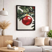 Red Bauble Pine Branch Canvas Print, Christmas Ornament Wall Art, Rustic Holiday Oil Painting Style Wall Art, Winter Festive Decor Present