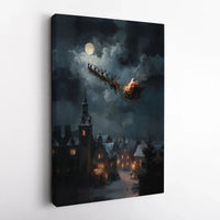 Snowy Christmas Village Print, Santa Sleigh Christmas Wall Art, Moonlit Santa Poster, Holiday Night Scene Decor, Xmas Digital Download