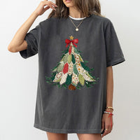 Rustic Holiday Graphic Tee, Patchwork Christmas Tree T-Shirt, Adorable Festive Xmas Tree Shirt, Vintage Winter Graphic T-Shirt Present for Her