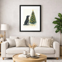 Holiday Dog Watercolor Poster, Black Labrador Christmas Tree Wall Art, Black Lab Christmas Lights Canvas, Pet Lover Digital Download Print