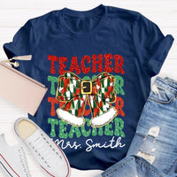 Custom Name Holiday Educator Graphic Tee, Personalized Teacher Christmas Bow Shirt, Adorable Winter Classroom T-Shirt, Teacher Xmas Present Idea