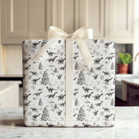 Black and White Winter Dino Gift Wrap, Dinosaur Christmas Wrapping Paper, Snowy Pine Tree Wrapping Paper, Kids Holiday Gift Wrap Roll