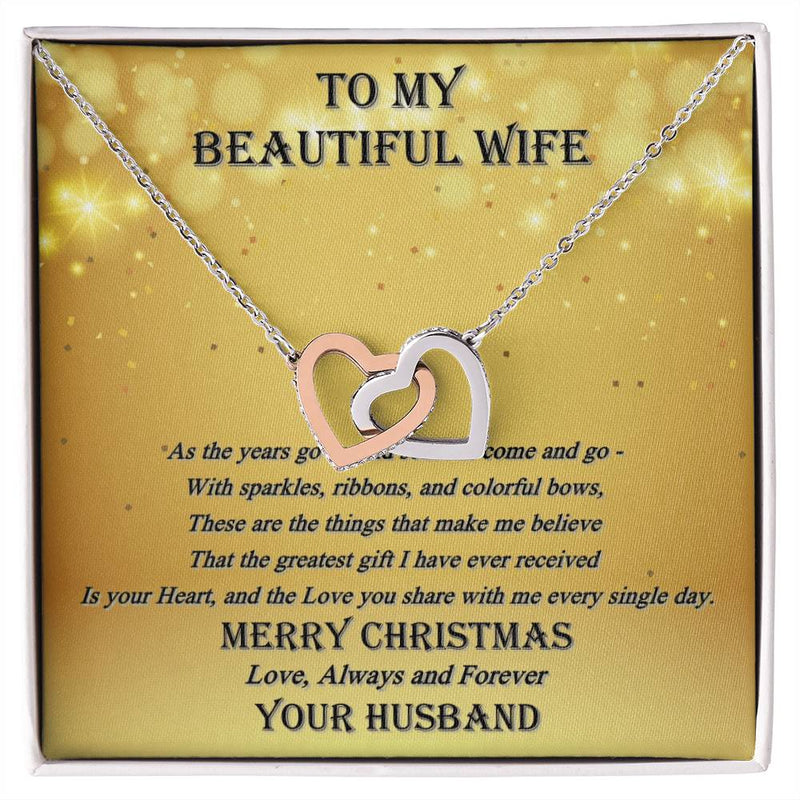 Two Heart Pendant Necklace, Interlocking Hearts Necklace for Wife, Romantic CZ Crystal Jewelry, Meaningful Christmas Present for Her, Wife Present