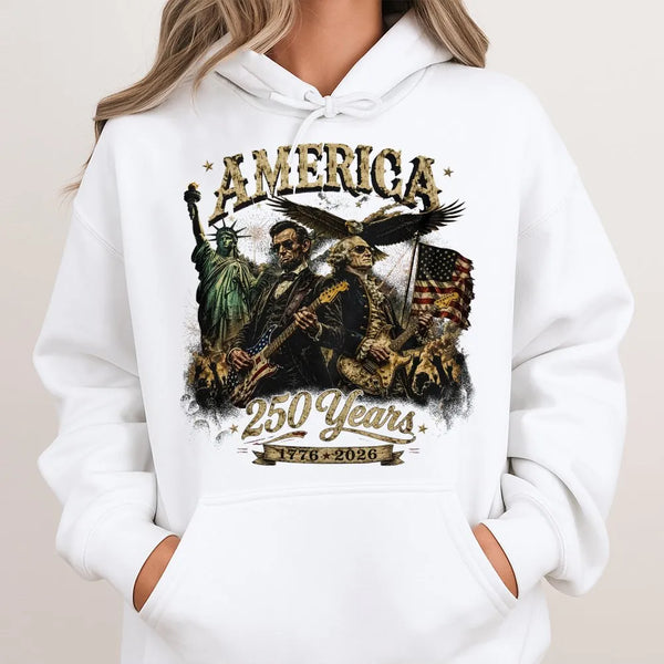 America 250 Years Hoodie | George Washington Abraham Lincoln 1776-2026 Patriotic Art | Soft Cotton-Polyester Blend | Gift for American History Lover