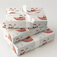 Watercolor Red Canoe Gift Wrap, Santa in Canoe Wrapping Paper, Winter Pine Tree Wrapping Paper, Whimsical Christmas Wrapping Paper Roll