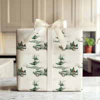 Farmhouse Tree Gift Wrap, Vintage Green Truck Christmas Wrapping Paper, Rustic Pine Holiday Wrapping Paper, Winter Present Gift Wrap Roll