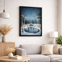 Snowy Birch Forest Cabin Poster, Winter Ice Skating Pond Wall Art, Comfy Christmas Holiday Scene Print, Winter Decor, Digital Download
