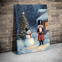 Snowy Winter Scene Canvas Print, Nutcracker and Snowman Christmas Wall Art, Whimsical Holiday Canvas Decor, Festive Christmas Present