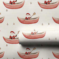 Watercolor Red Canoe Gift Wrap, Santa in Canoe Wrapping Paper, Winter Pine Tree Wrapping Paper, Whimsical Christmas Wrapping Paper Roll