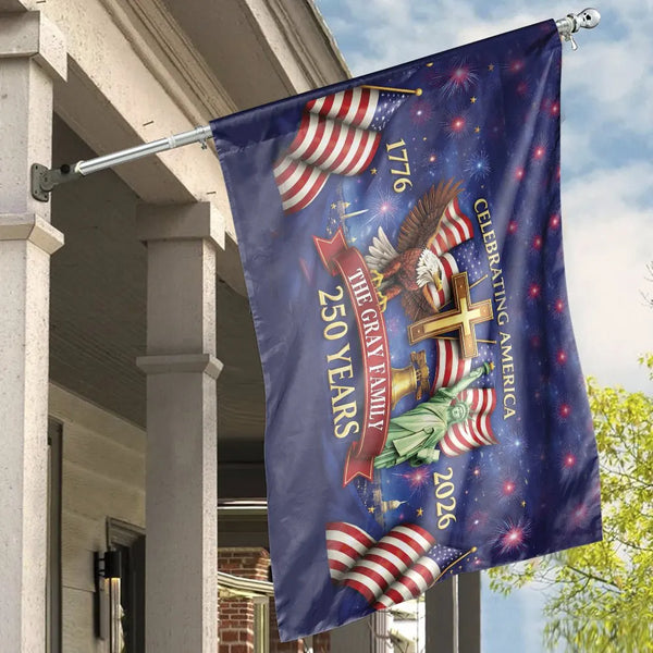 Celebrating America House Flag | 250 Years Patriotic Eagle Cross Liberty Fireworks Design | Premium Double-Sided Weather-Resistant Polyester | Commemorative Gift for Patriotic Families