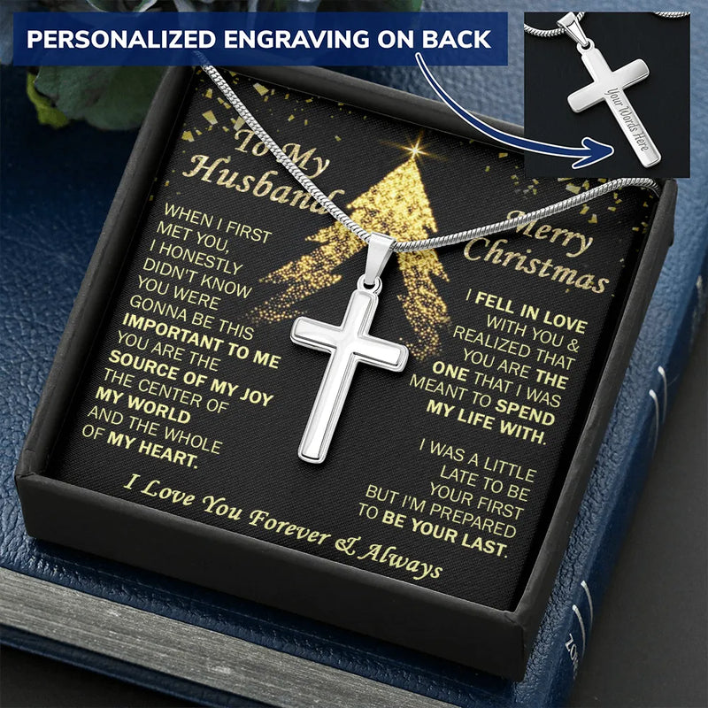 Custom Engraved Faith Pendant, Personalized Cross Necklace for Husband, Polished Stainless Steel Cross Necklace, Christmas Anniversary Present