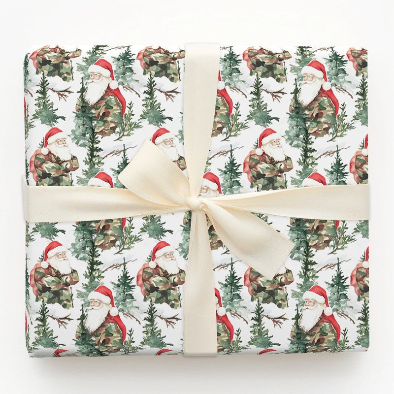 Camouflage Jacket Santa Claus Gift Wrap, Camo Santa Wrapping Paper, Military Christmas Wrapping Paper, Rustic Winter Forest Gift Wrap
