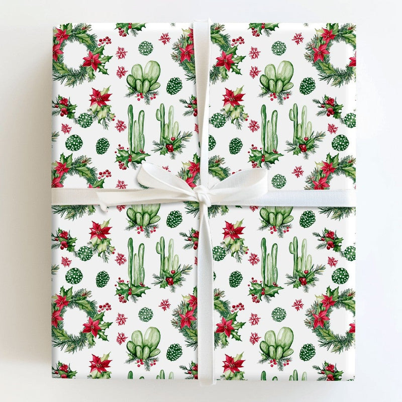 Southwestern Poinsettia Wrapping Paper, Christmas Cactus Wrapping Paper, Desert Floral Holiday Wrapping Paper, Botanical Winter Gift Wrap