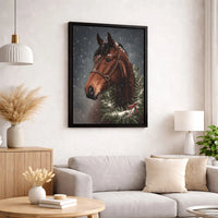 Brown Horse with Festive Wreath in Snow Poster, Christmas Horse Canvas Wall Art, Winter Equestrian Holiday Print, Rustic Digital Download