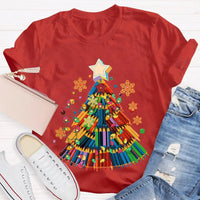 Crayon Christmas Tree Shirt, Art Teacher Christmas T-Shirt, Colorful Art Educator Holiday Graphic Tee, Snowflakes Lights Teacher Present