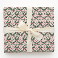 Christmas Botanical Gift Wrap, Vintage Holly Pink Bow Wrapping Paper, Soft Pink Holiday Wrapping Paper, Coquette Winter Gift Wrap Roll