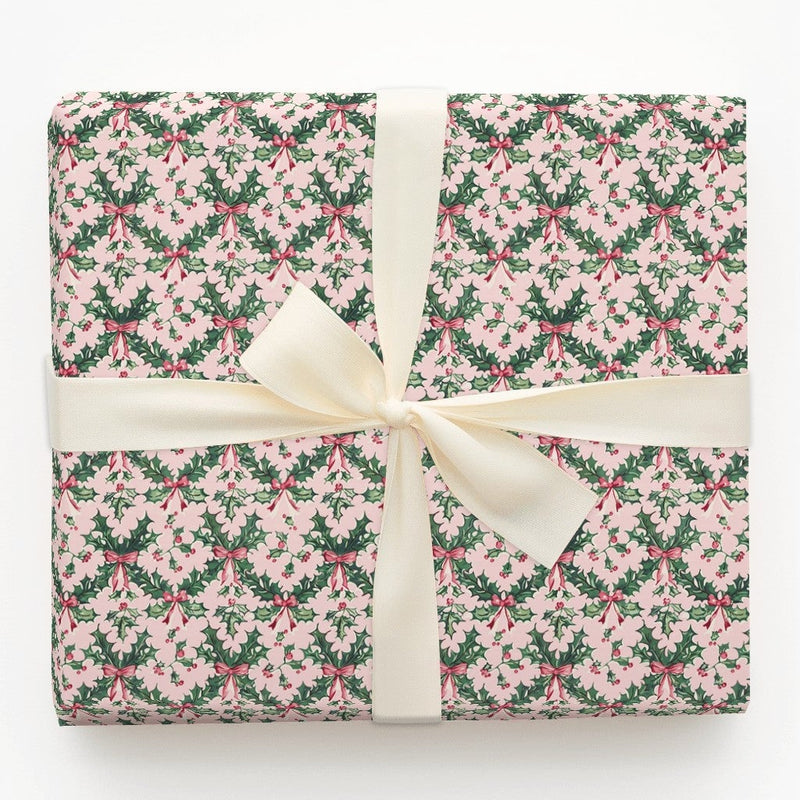 Christmas Botanical Gift Wrap, Vintage Holly Pink Bow Wrapping Paper, Soft Pink Holiday Wrapping Paper, Coquette Winter Gift Wrap Roll
