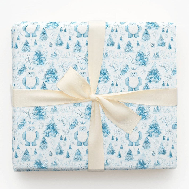 Adorable Abominable Snowman Gift Wrap Roll, Yeti Christmas Wrapping Paper, Blue Winter Forest Present Paper, Whimsical Holiday Gift Wrapping