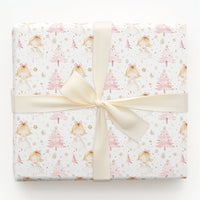Whimsical Holiday Girl and Gold Stars Gift Wrap Paper, Pink Christmas Wrapping Paper, Adorable Pastel Xmas Present Wrapping Paper Roll