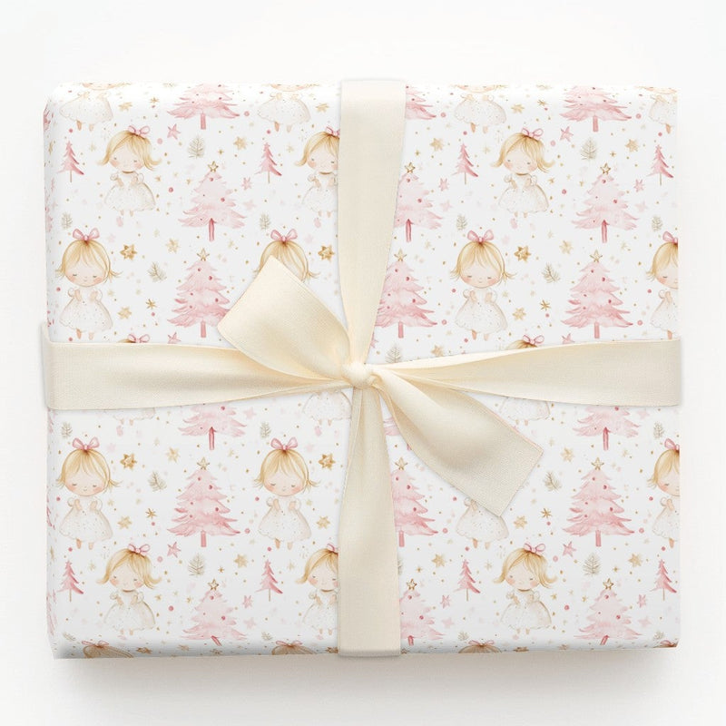 Whimsical Holiday Girl and Gold Stars Gift Wrap Paper, Pink Christmas Wrapping Paper, Adorable Pastel Xmas Present Wrapping Paper Roll