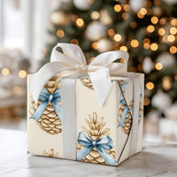 Blue Bow Winter Gift Wrap, Rustic Pinecone Christmas Wrapping Paper, Watercolor Pinecone Wrapping Paper, Elegant Holiday Gift Wrapping Paper