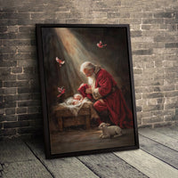 Nativity Scene Cardinals Canvas, Santa Adoring Baby Jesus Canvas Print, Religious Christmas Art Canvas, Holy Night Winter Holiday Decor