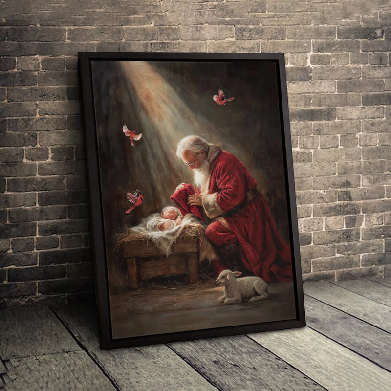 Nativity Scene Cardinals Canvas, Santa Adoring Baby Jesus Canvas Print, Religious Christmas Art Canvas, Holy Night Winter Holiday Decor