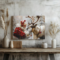 Snowy Winter Forest Canvas, Santa Claus Petting Reindeer Canvas Art, Christmas Holiday Wall Decor, Vintage Santa Canvas Print, Xmas Present