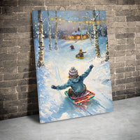 Snowy Birch Forest Landscape Print, Winter Sledding Canvas Wall Art, Holiday Christmas Scene Poster, Festive Digital Download Decor