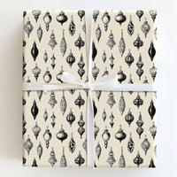 Black Ink Ornament Gift Wrap, Monochrome Vintage Christmas Wrapping Paper, Retro Baubles Wrapping Paper Roll, Holiday Gift Wrap