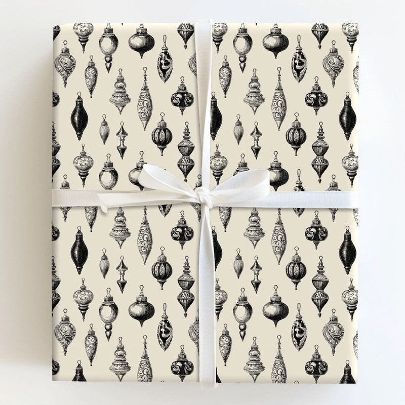 Black Ink Ornament Gift Wrap, Monochrome Vintage Christmas Wrapping Paper, Retro Baubles Wrapping Paper Roll, Holiday Gift Wrap