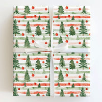 Striped Pine Tree Gift Wrap, Watercolor Christmas Tree Wrapping Paper, Red Green Holiday Wrapping Paper, Festive Winter Present Gift Wrap
