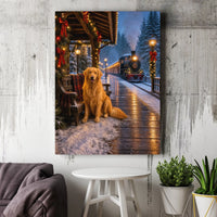 Winter Train Station Dog Wall Art, Golden Retriever Christmas Canvas, Snowy Holiday Golden Retriever Print, Festive Steam Train Canvas Art