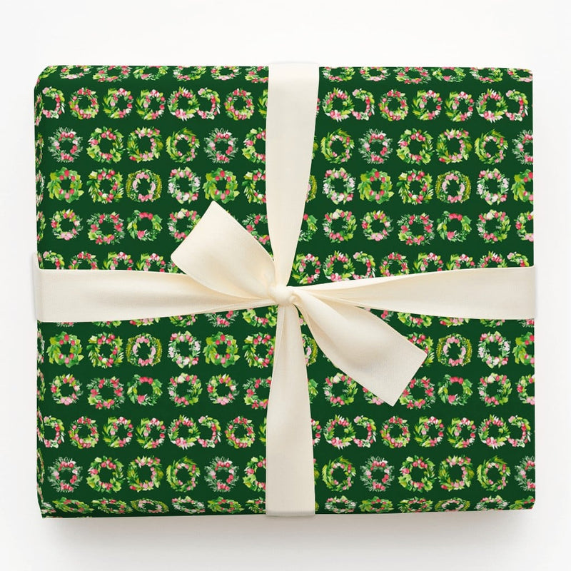 Floral Holiday Gift Wrap, Watercolor Christmas Wreath Wrapping Paper, Dark Green Botanical Wrapping Paper, Festive Winter Present Wrap Roll