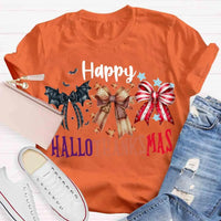 Halloween Thanksgiving Christmas Shirt, Happy Hallothanksmas Bow T-Shirt, Humorous Fall Holiday Mashup Graphic Tee, Autumn Coquette Top