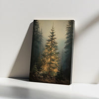 Glowing Pine Woodland Painting Print, Christmas Tree Forest Canvas Wall Art, Misty Forest Poster, Holiday Digital Download Decor