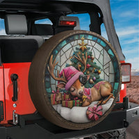 Stained Glass Holiday Tire Cover, Baby Reindeer Christmas Spare Tire Cover, Festive Deer Wheel Protector, Xmas Vehicle Decor for Jeep SUV