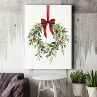 Red Bow Holly Berry Canvas Print, Watercolor Christmas Wreath Canvas Wall Art, Farmhouse Holiday Wall Decor, Winter Season Christmas Canvas