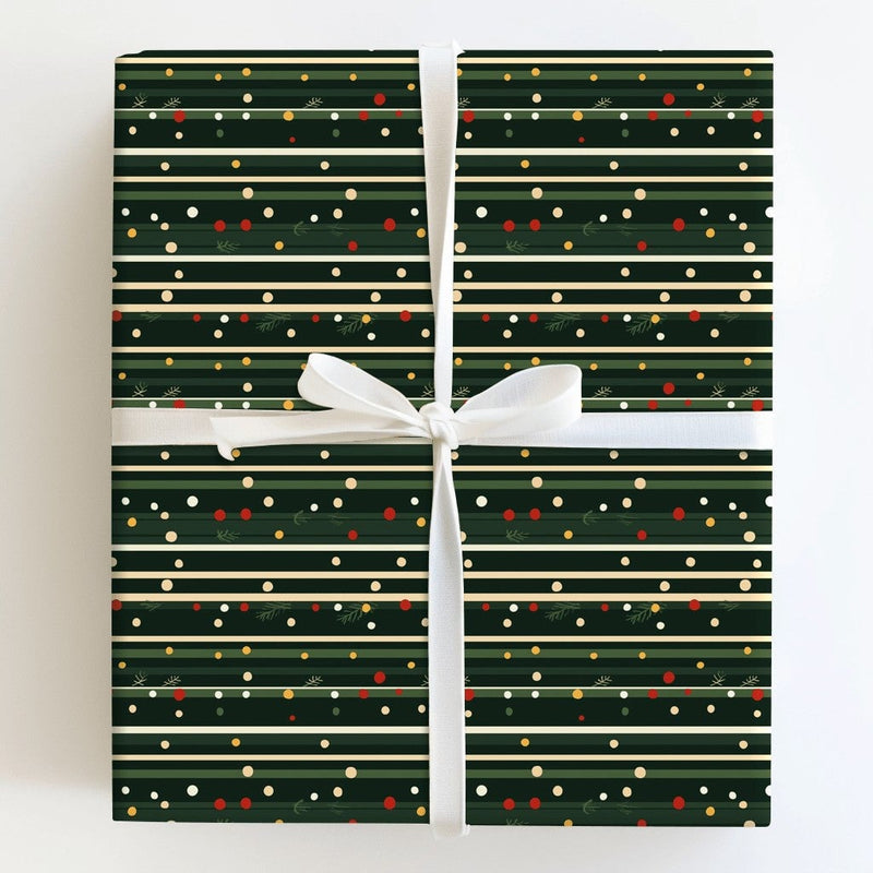 Polka Dot Stripe Gift Wrap, Pine Sprig Christmas Wrapping Paper, Dark Green Festive Wrapping Paper Roll, Elegant Winter Holiday Gift Wrap