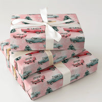 Retro Winter Tree Holiday Wrapping Paper, Vintage Pink Christmas Car Wrapping Paper, Pastel Xmas Gift Wrap Roll, Snowy Seasonal Present Wrap