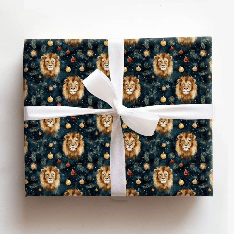 Dark Teal Holiday Gift Wrap, Watercolor Lion Christmas Wrapping Paper, Wild Animal Xmas Wrapping Paper, Festive Baubles Christmas Gift Wrap