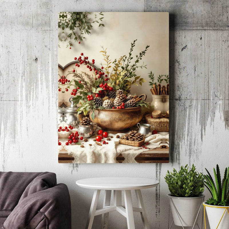 Winter Pine Cone and Red Berry Canvas Print, Rustic Christmas Wall Art, Farmhouse Holiday Still Life Poster, Seasonal Decor