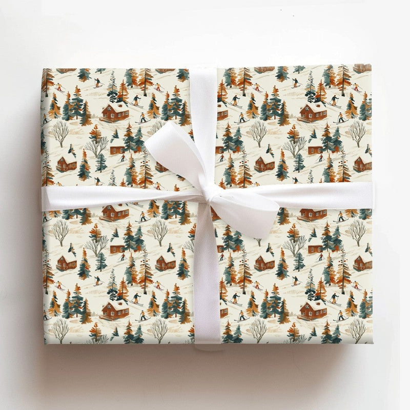 Watercolor Mountain Cabin Gift Wrap, Winter Skiing Wrapping Paper, Rustic Pine Tree Present Paper, Ski Slope Christmas Wrapping Paper Roll