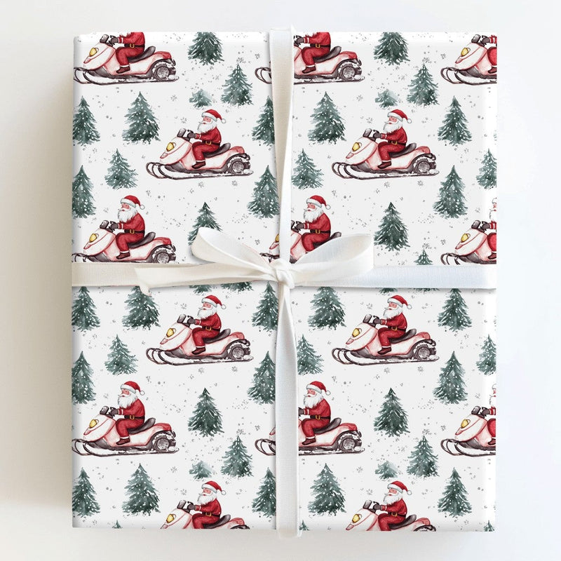 Santa Claus Snowmobile Gift Wrap, Santa Snowmobile Christmas Wrapping Paper, Winter Adventure Holiday Wrapping Paper, Xmas Gift Wrap