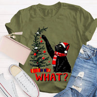 Humorous Holiday Cat Chaos Shirt, Black Cat Pushing Christmas Tree T-Shirt, Adorable Festive Kitty Graphic Tee, Cat Lover Christmas Present